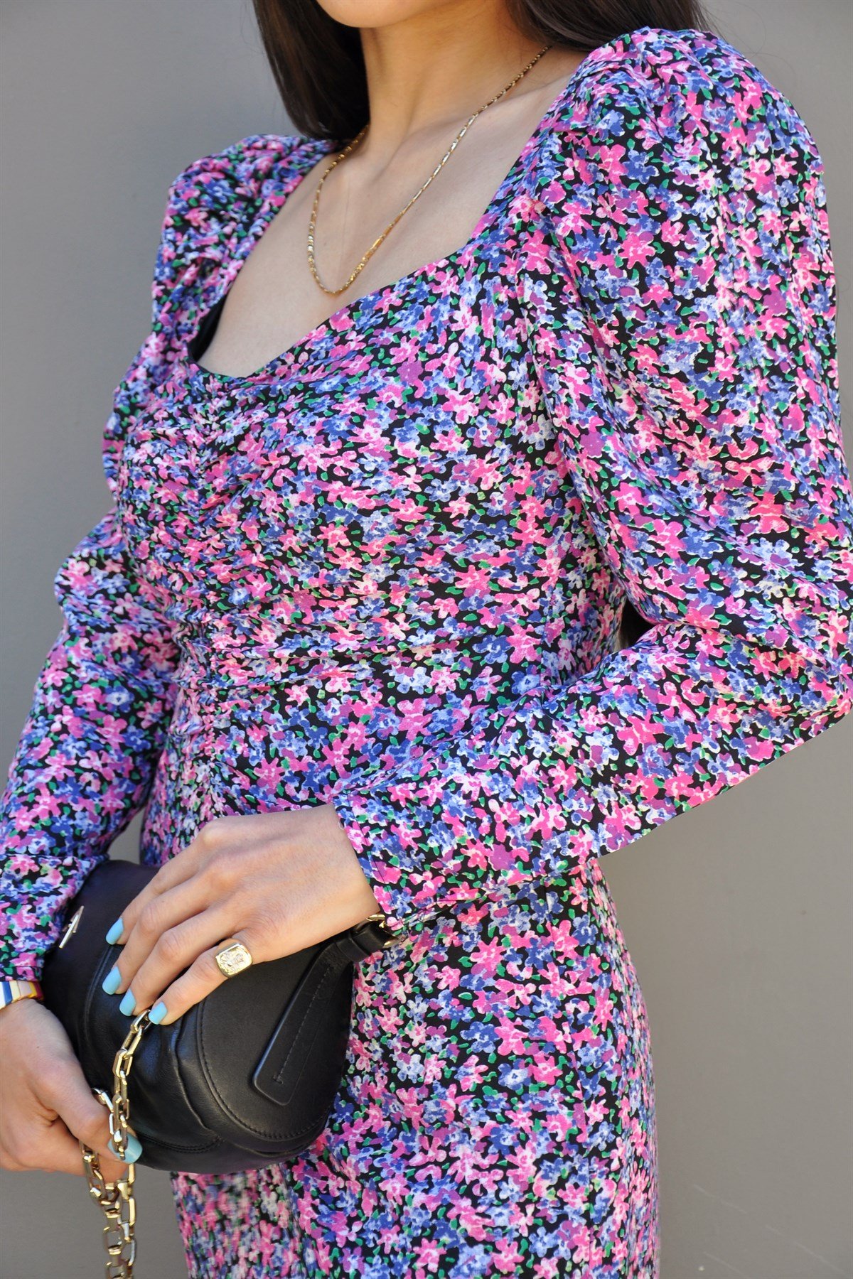 Pembe Çiçekli Midi Elbise