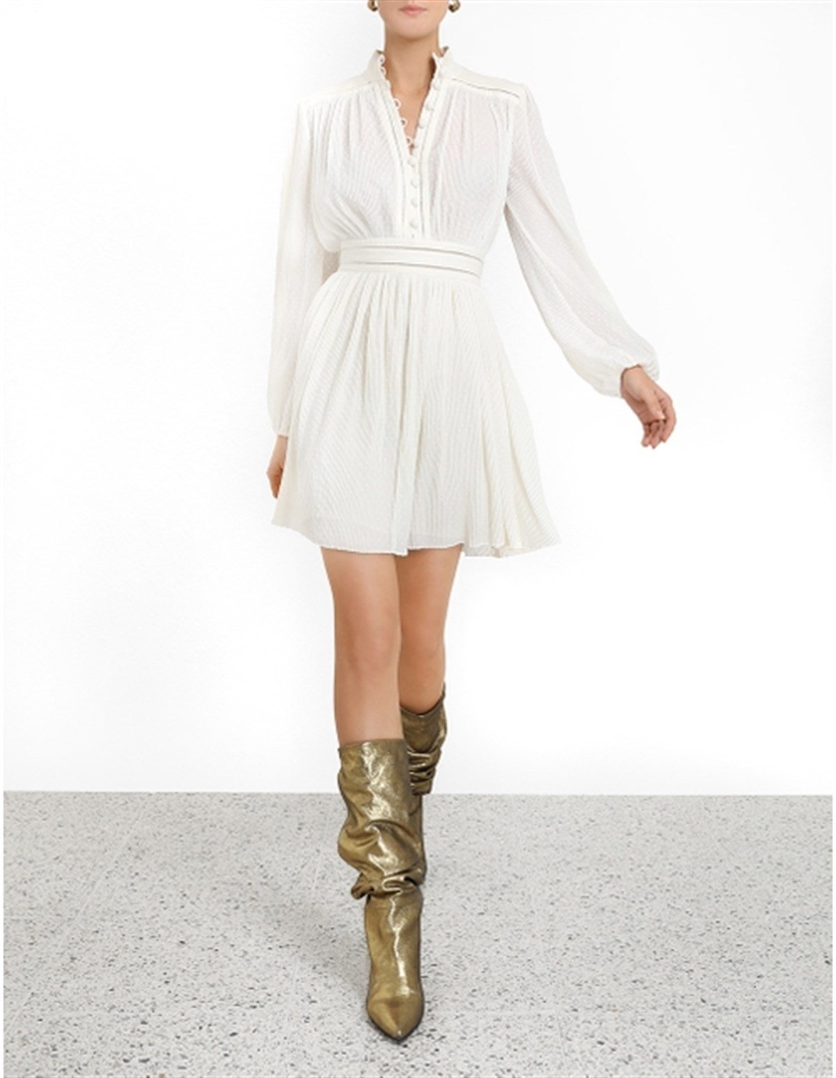 Pliseli Tasarım Mini Elbise (Beyaz)