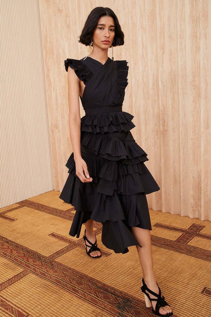 Siyah Pliseli Midi Premium Elbise