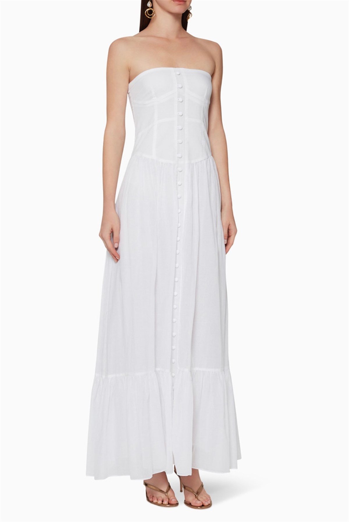 Straplez Düğmeli Maksi Boy Elbise