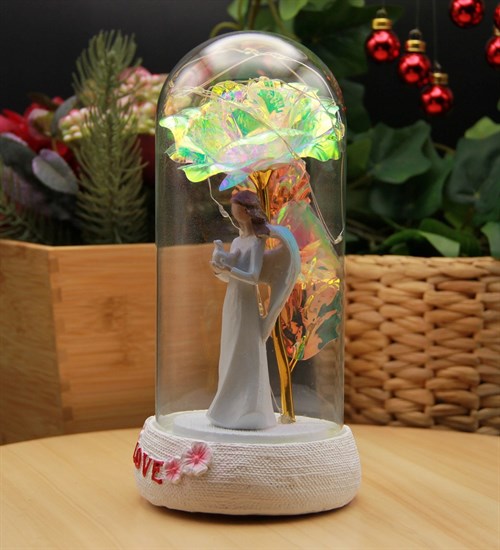 Işıklı Solmayan Kristal Gül & Beyaz Melek Dekoratif Işık