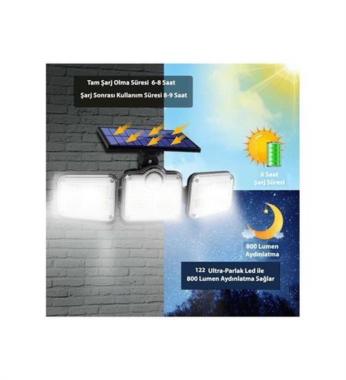KUMANDALI SOLAR GÜNEŞ ENERJİLİ 122 LEDLİ HAREKET SENSÖRLÜ BAHÇE AYDINLATMA LAMBASI
