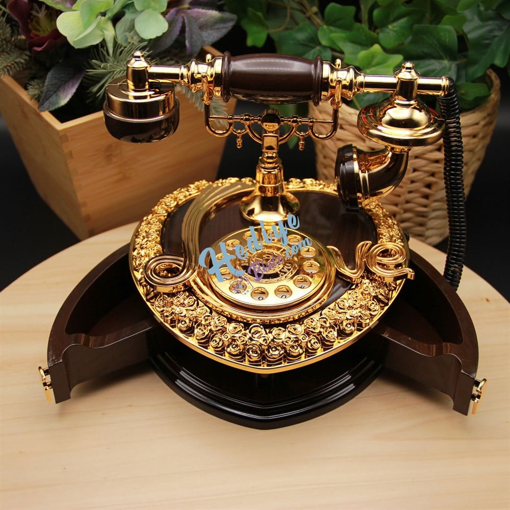 Nostaljik Telefon Müzik Kutusu Çekmeceli Kahverengi