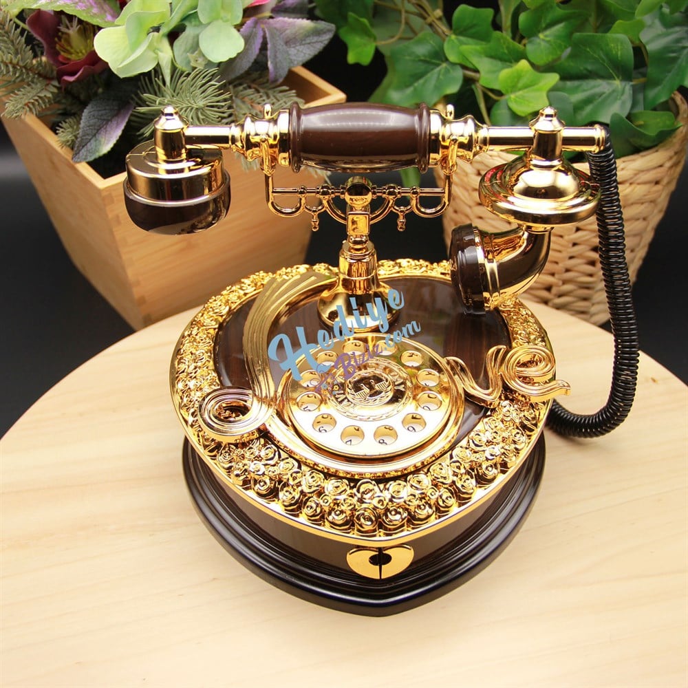 Nostaljik Telefon Müzik Kutusu Çekmeceli Kahverengi