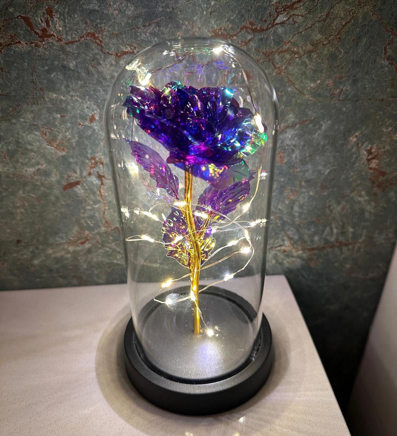 Premium Kristal Solmayan Gül Işıklı Cam Fanus - Mor