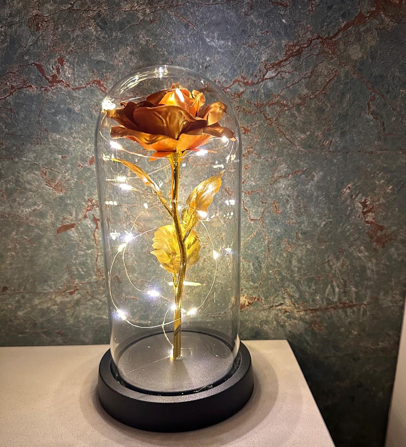 Premium Kristal Solmayan Gül Işıklı Cam Fanus - GOLD