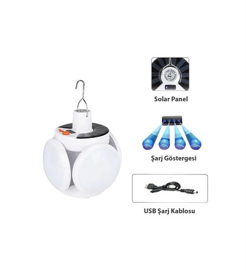SOLAR GÜNEŞ ENERJİLİ VE USB SARJLI 5 KANATLI BAHÇE AYDINLATMA LED ASKILI PRATİK KAMP LAMBASI