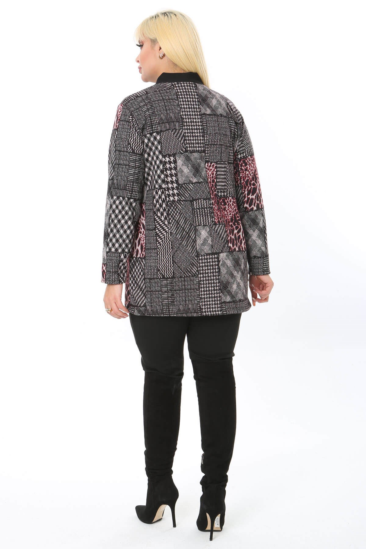 Kadın Siyah Kırmızı Patchwork Desenli Pervaz Detay Cepli Hırka 