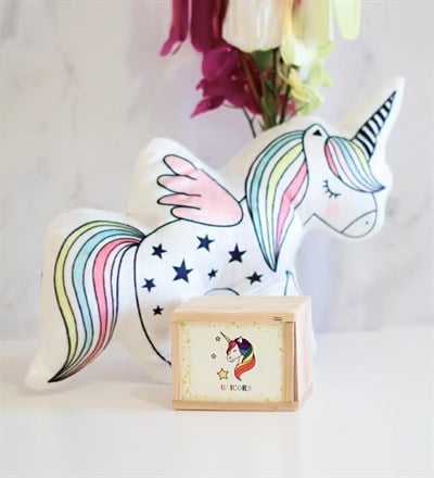 Ahşap Kutusunda Unicorn Kupa Bardak Ve Yastık Seti