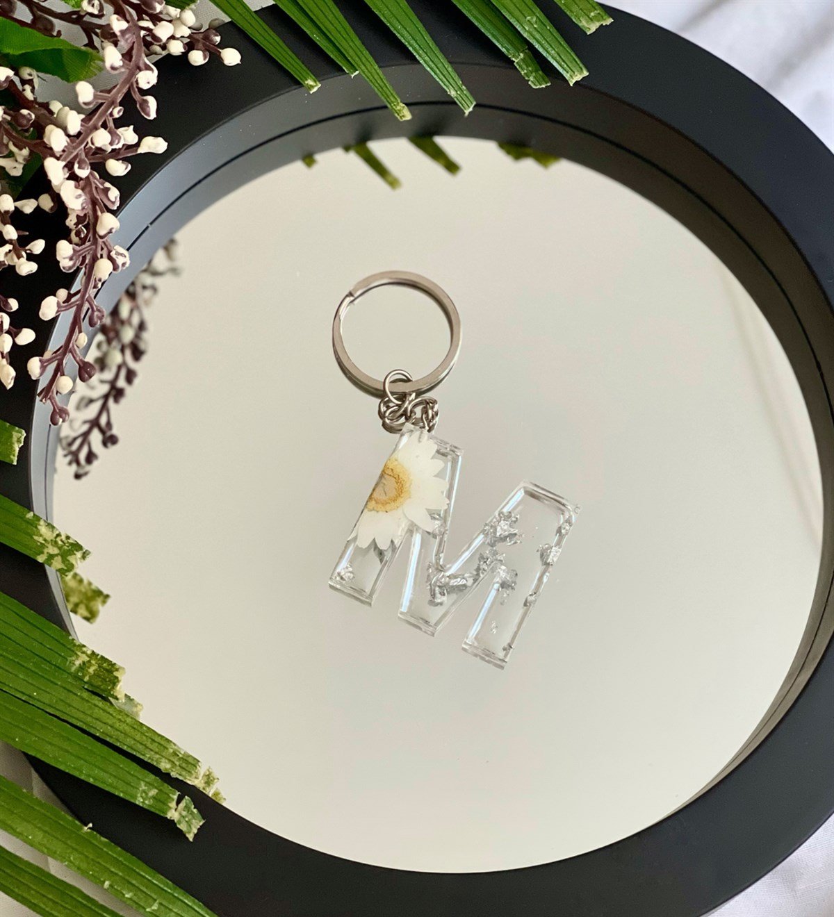 Özel Gerçek Kurutulmuş Çiçekli Gümüş Epoksi AnahtarlıkGiftmodaGman100010-A