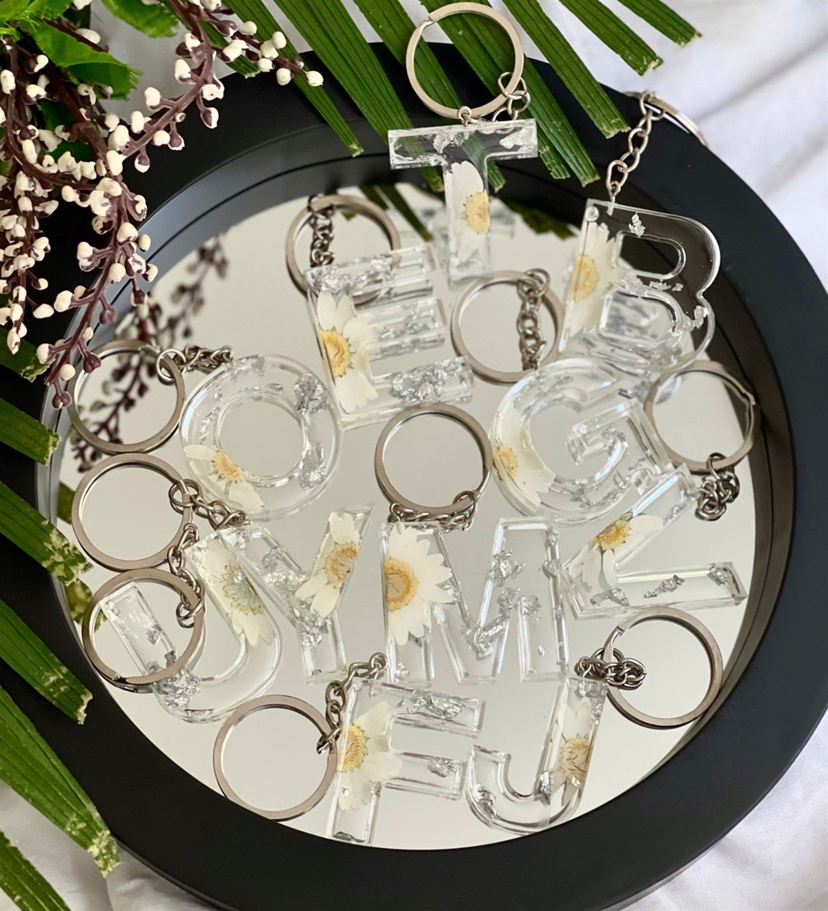 Özel Gerçek Kurutulmuş Çiçekli Gümüş Epoksi AnahtarlıkGiftmodaGman100010-A