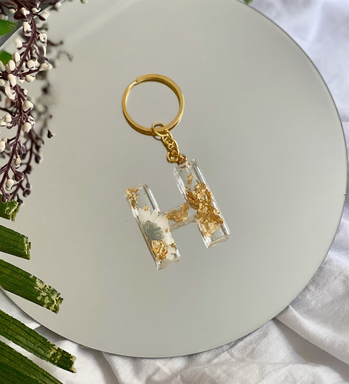 Özel Gerçek Kurutulmuş Çiçekli Gold Epoksi AnahtarlıkGiftmodaGman100009
