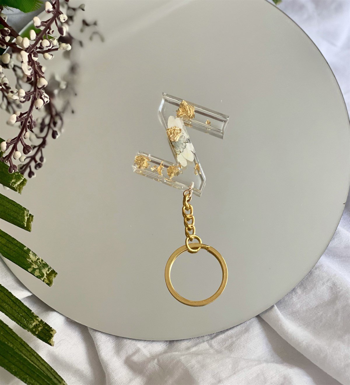 Özel Gerçek Kurutulmuş Çiçekli Gold Epoksi AnahtarlıkGiftmodaGman100009-A