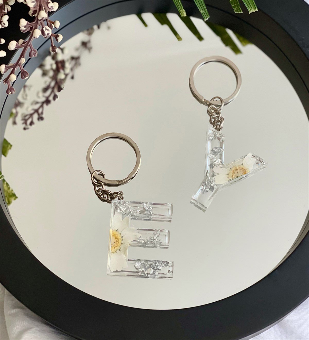 Özel Gerçek Kurutulmuş Çiçekli Gümüş Epoksi AnahtarlıkGiftmodaGman100010-A