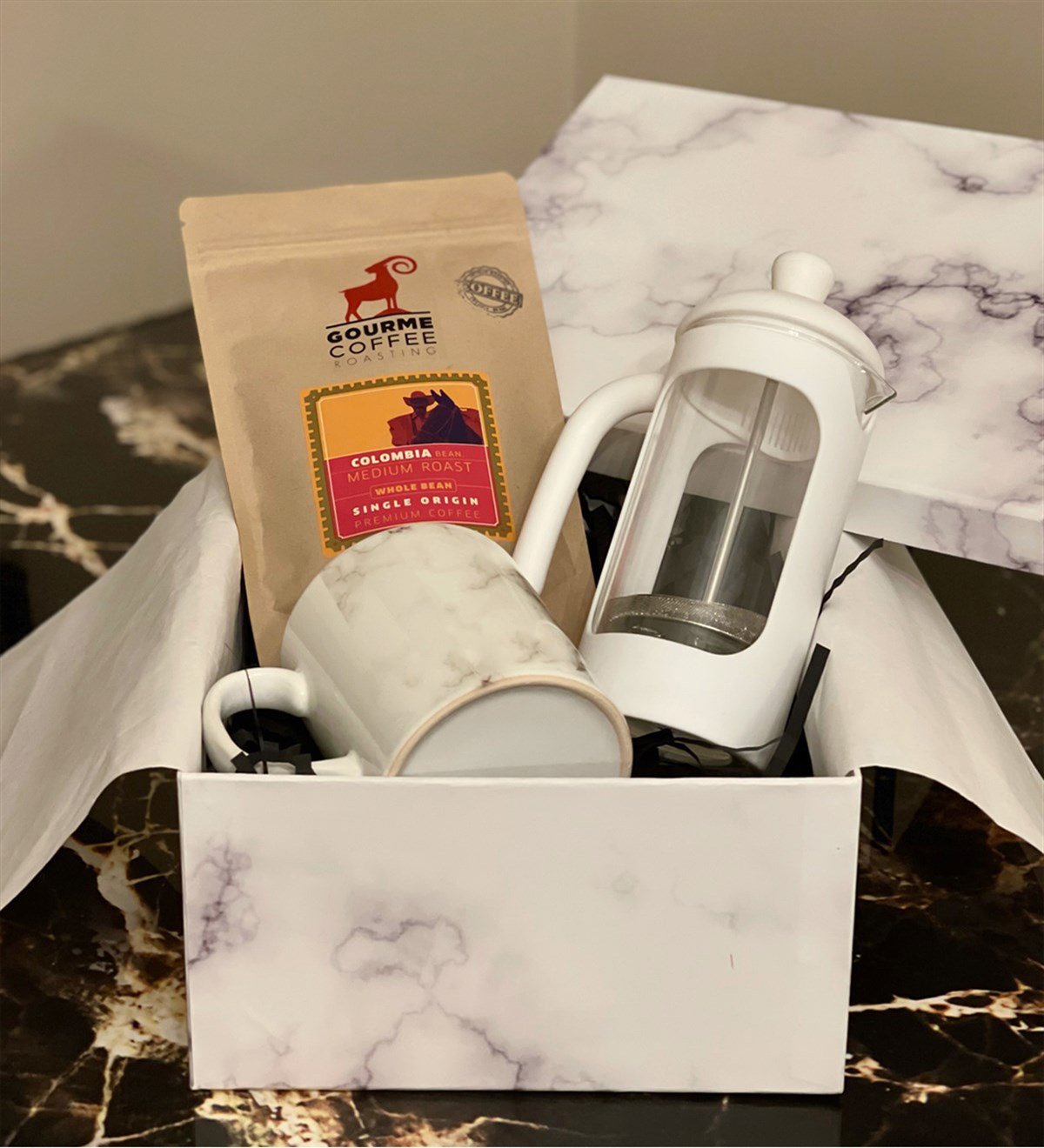Beyaz Mermer French Press & Filitre Kahve Sevgiliye Hediye SetiGiftmodaGmhs100249