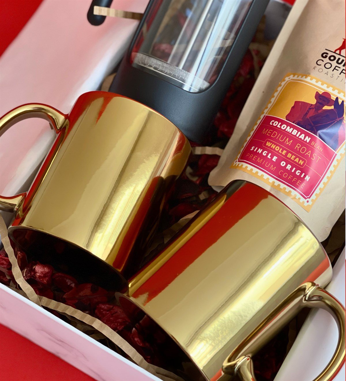 Çift Gold Kupa French Press & Filitre Kahve Sevgiliye Hediye SetiGiftmoda Gmhs100338