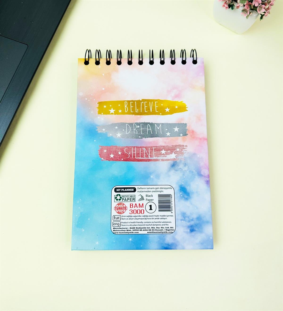 21x14Cm Üstten Spiralli Sketch Book - Eskiz Defteri - Siyah Sayfa - 260 Gr - 56 YaprakgiftmodaBam-3000-7-Believe-Dream-Shine