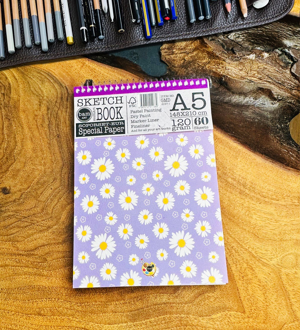 A5 Sketch Book - Eskiz Defteri - Spiralli Tutuş / Grenli Sert Tasarım KapakgiftmodaGmd100644-Mor-Papatya