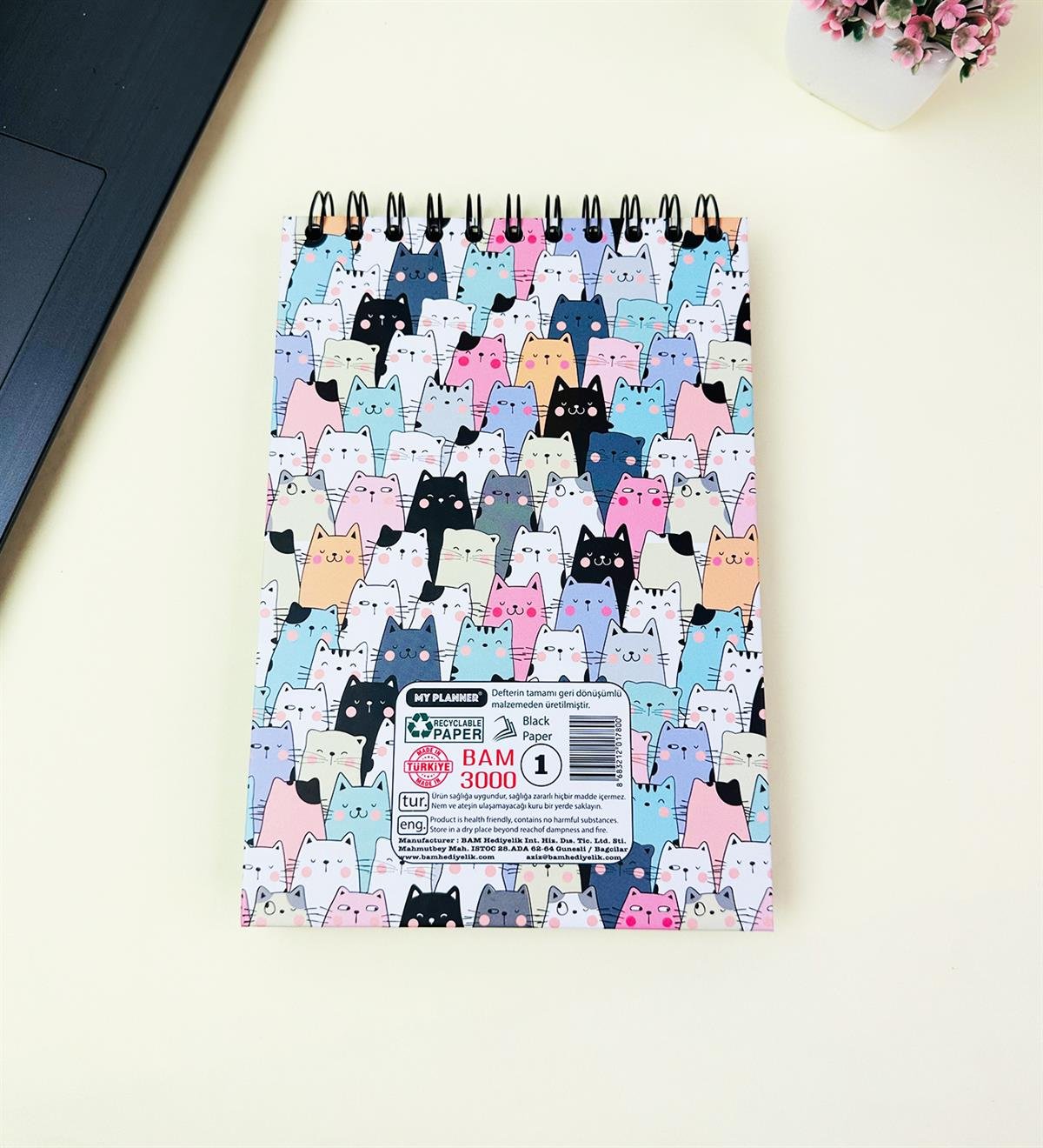 21x14Cm Üstten Spiralli Sketch Book - Eskiz Defteri - Siyah Sayfa - 260 Gr - 56 YaprakgiftmodaBam-3000-2-Sevimli-Kedi