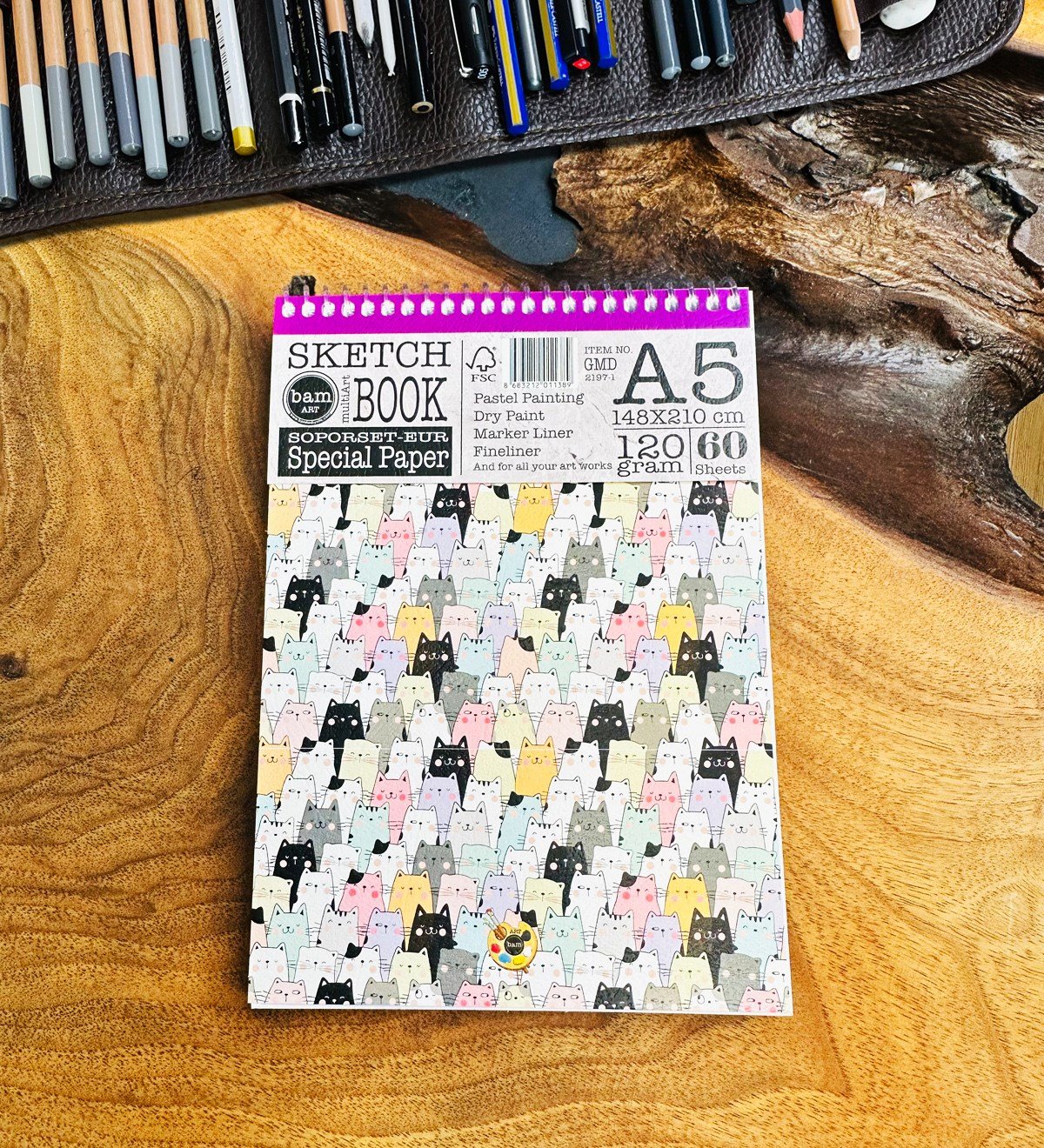 A5 Sketch Book - Eskiz Defteri - Spiralli Tutuş / Grenli Sert Tasarım KapakgiftmodaGmd100645-Sevimli-Kedi