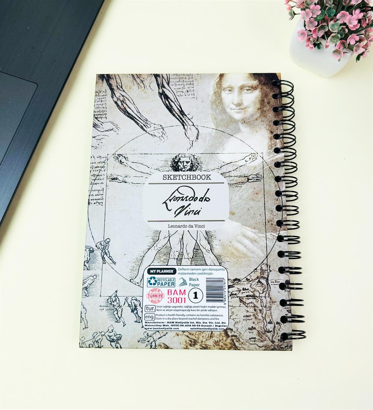 23x16Cm Üstten Spiralli Sketch Book - Eskiz Defteri - Siyah Sayfa - 120 Gr - 64 YaprakgiftmodaBam-3001-7-Da-Vinci