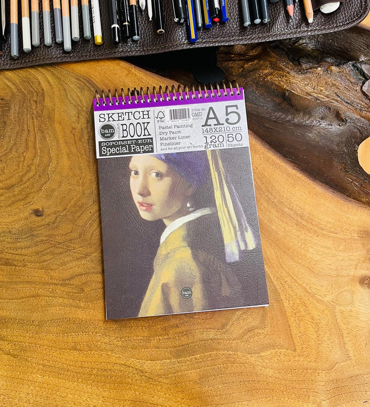 A5 Skecth Book - Eskiz Defteri - Spiralli Tutuş / Grenli Sert Tasarım KapakgiftmodaGmd100283-İnci-Küpeli-Kız