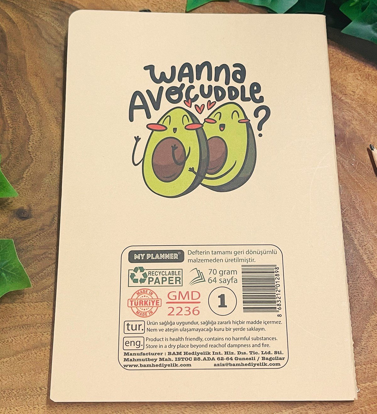 Avokado Tasarımlı Geri Dönüşümlü Kraft DeftergiftmodaGmd100368