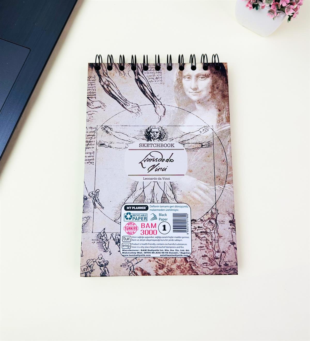 21x14Cm Üstten Spiralli Sketch Book - Eskiz Defteri - Siyah Sayfa - 260 Gr - 56 YaprakgiftmodaBam-3000-1-Da-Vinci