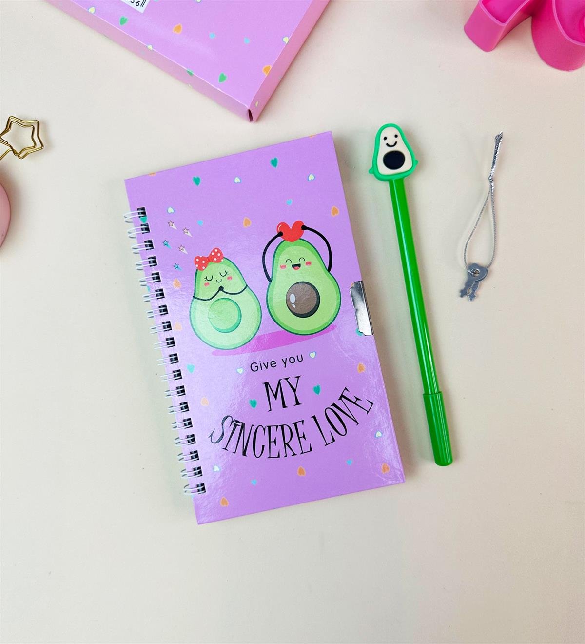 Avokado Tasarımlı Kilitli Günlük Defter Ve Kalem SetgiftmodaBam-108