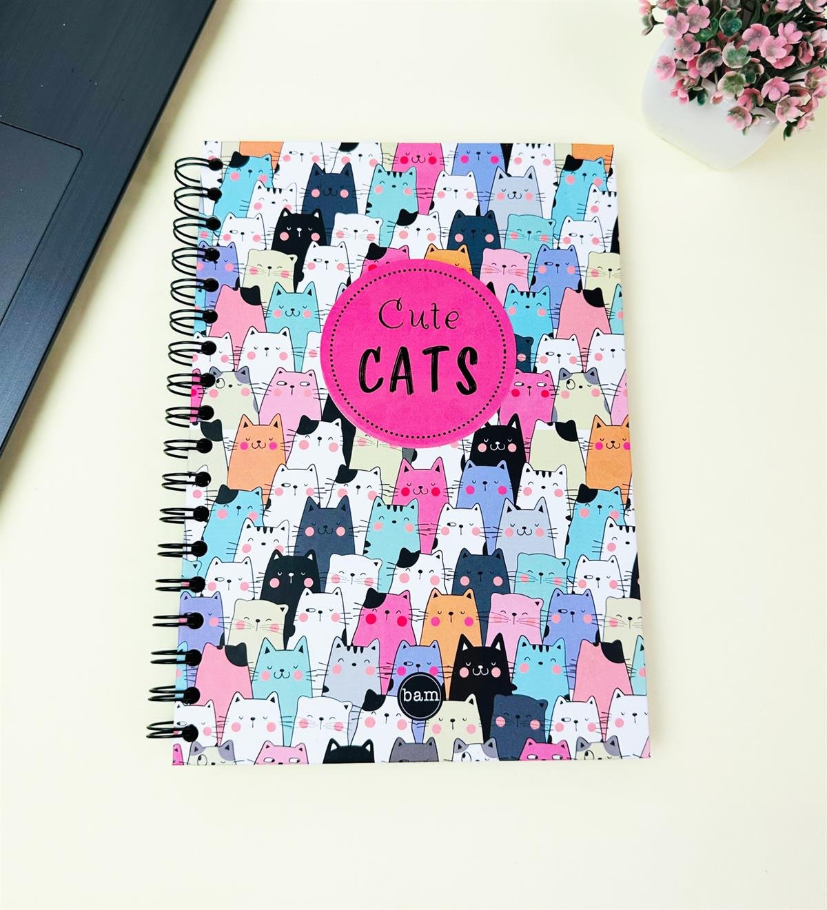 23x16Cm Üstten Spiralli Sketch Book - Eskiz Defteri - Siyah Sayfa - 120 Gr - 64 YaprakgiftmodaBam-3001-Sevimli-Kedi