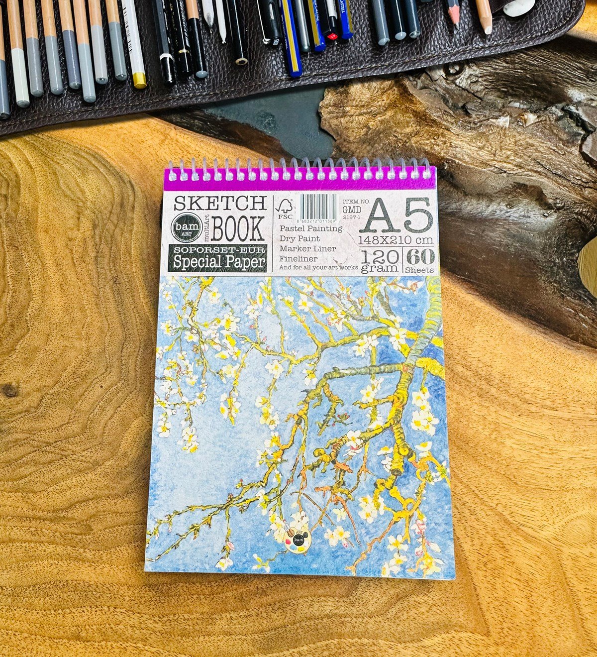 A5 Sketch Book - Eskiz Defteri - Spiralli Tutuş / Grenli Sert Tasarım KapakgiftmodaGmd100641-Badem-Cicegi