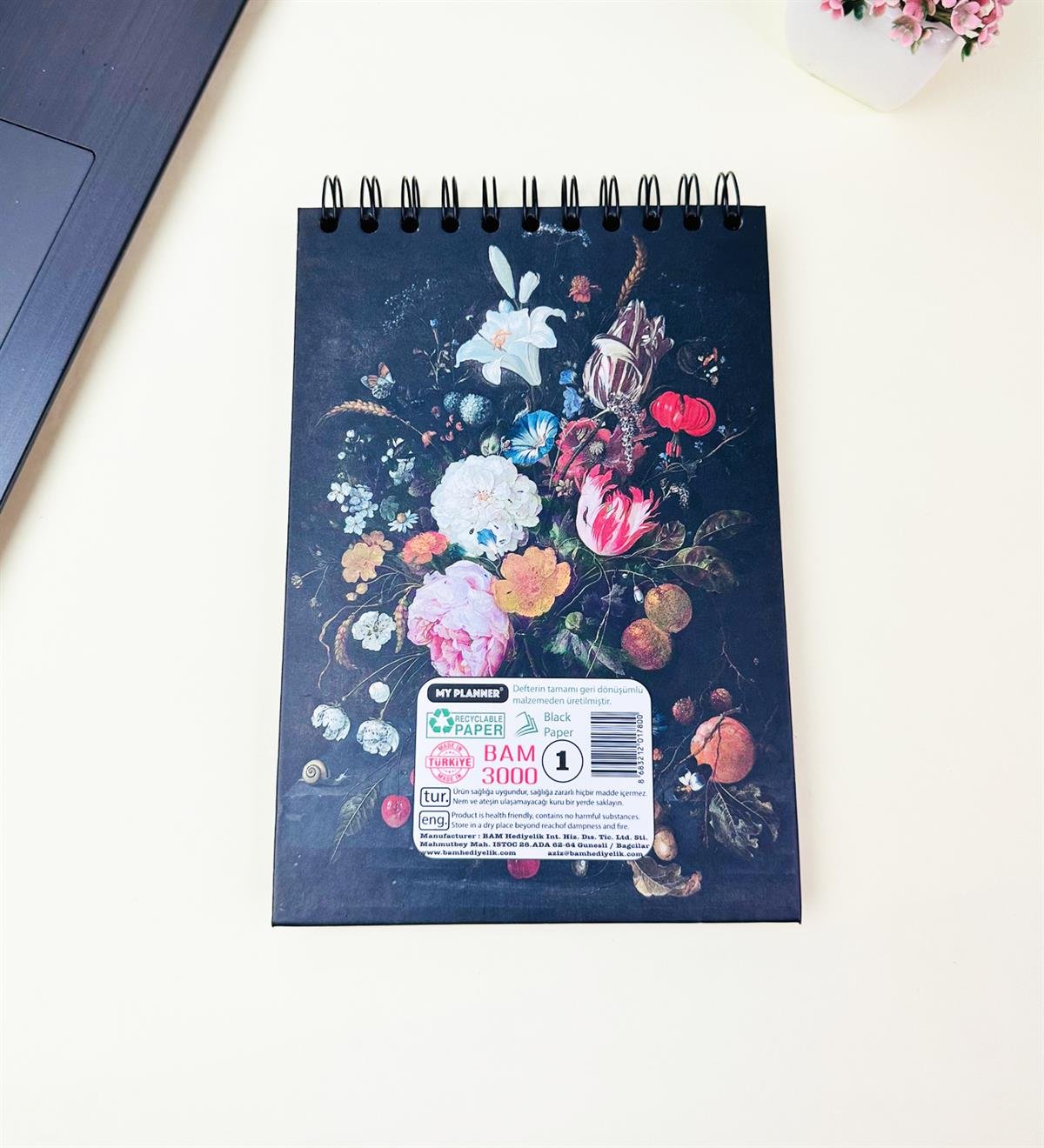 21x14Cm Üstten Spiralli Sketch Book - Eskiz Defteri - Siyah Sayfa - 260 Gr - 56 YaprakgiftmodaBam-3000-6-Çiçek-Art