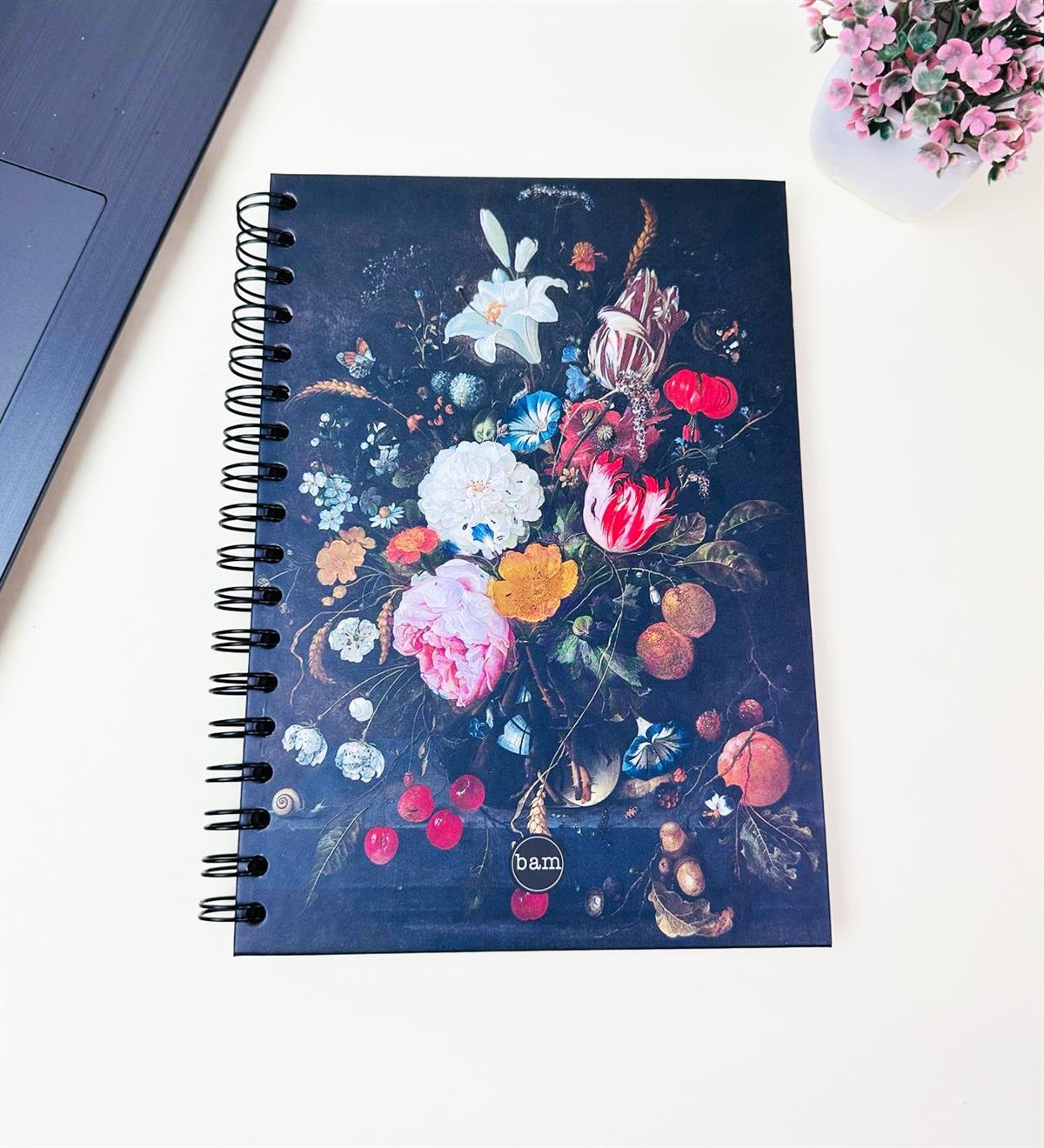 23x16Cm Üstten Spiralli Sketch Book - Eskiz Defteri - Siyah Sayfa - 120 Gr - 64 YaprakgiftmodaBam-3001-Çiçek-Art