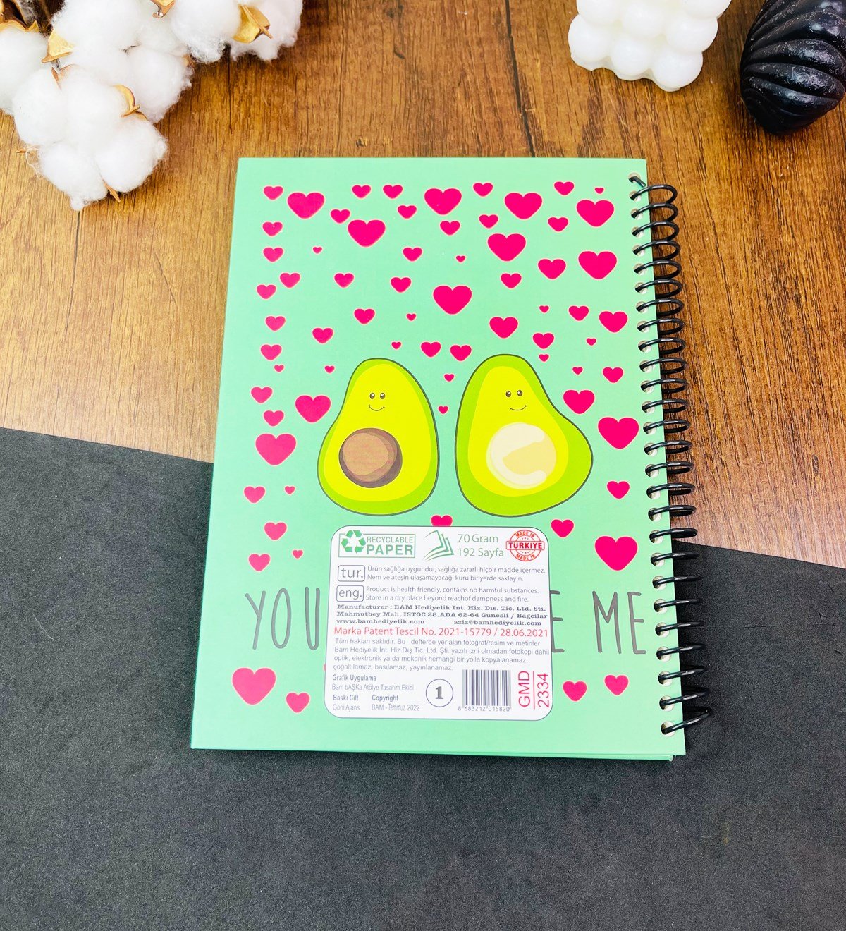 Avokado Tasarımlı Çizgili Spiralli DeftergiftmodaGmd100528