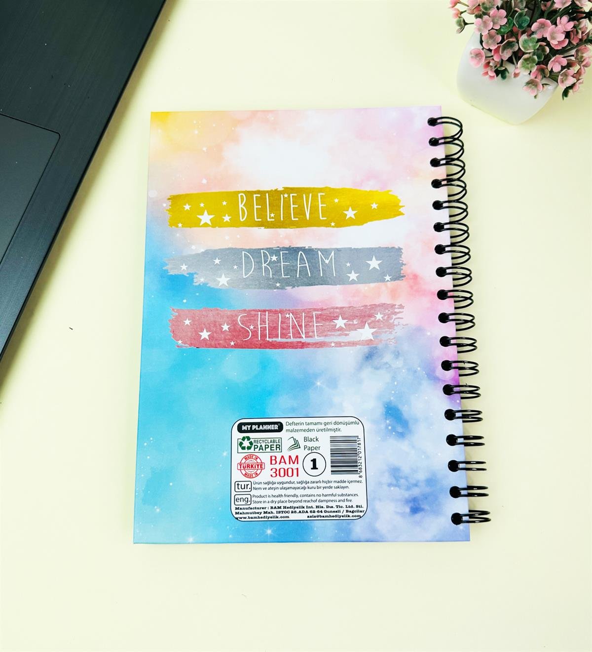 23x16Cm Üstten Spiralli Sketch Book - Eskiz Defteri - Siyah Sayfa - 120 Gr - 64 YaprakgiftmodaBam-3001-4-Believe-Dream-Shine