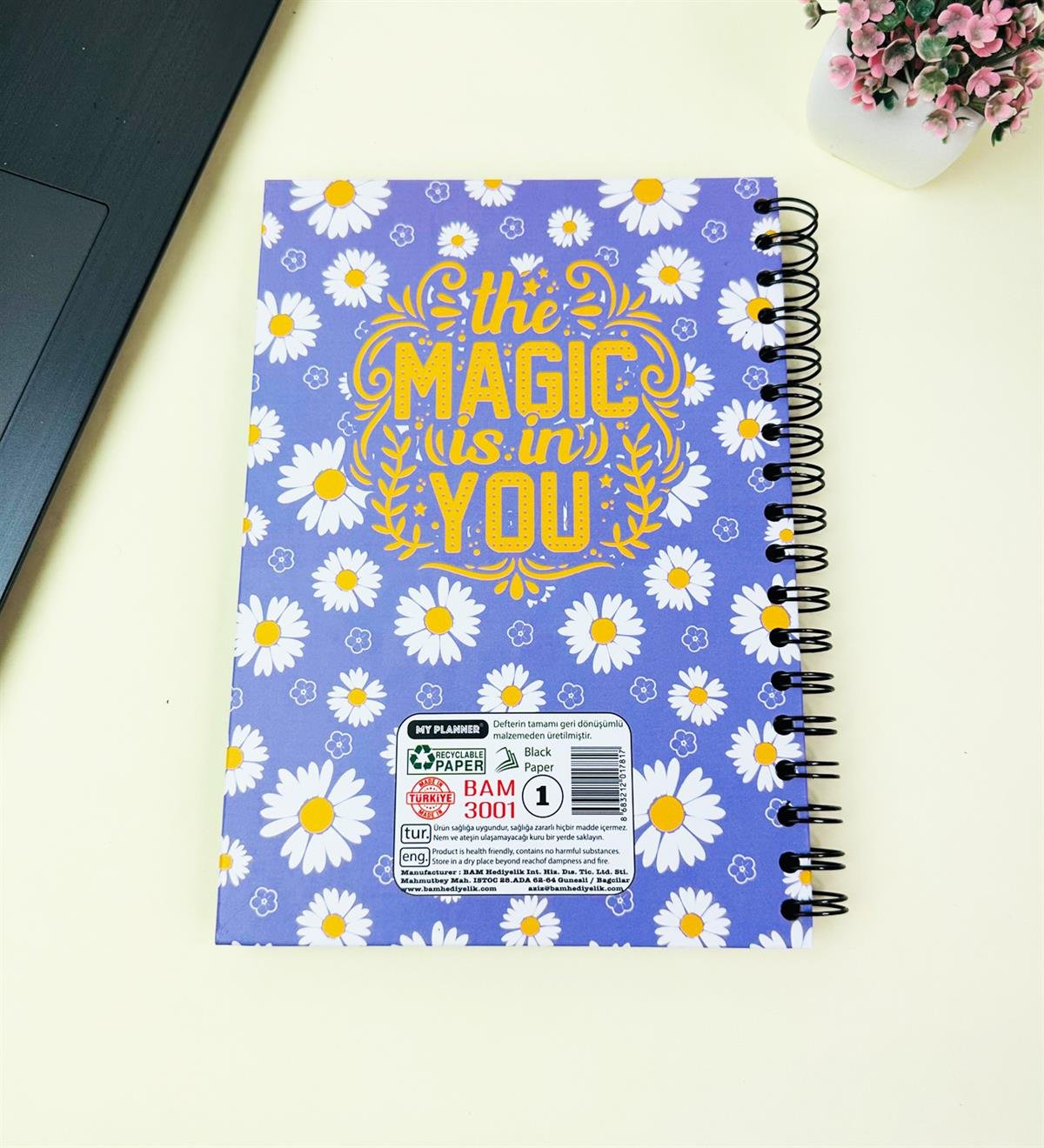 23x16Cm Üstten Spiralli Sketch Book - Eskiz Defteri - Siyah Sayfa - 120 Gr - 64 YaprakgiftmodaBam-3001-6-Mor-Papatya