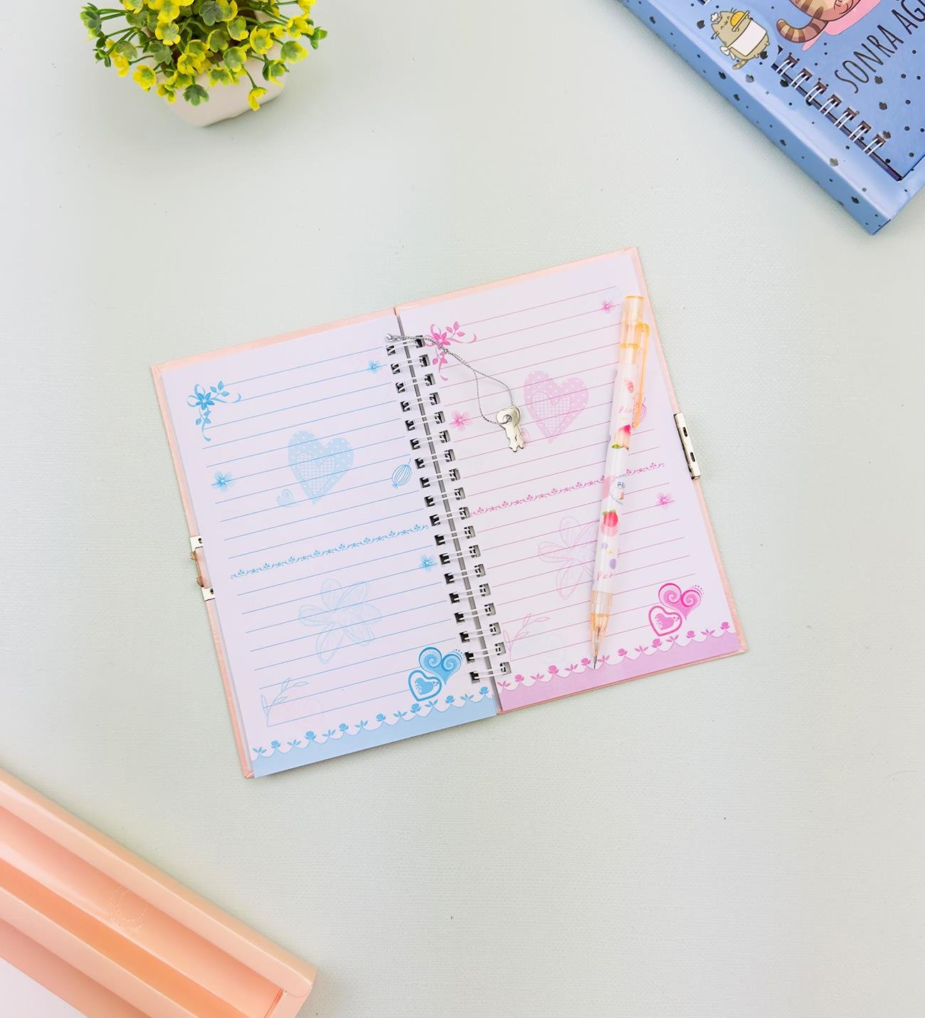 Sevimli Desenli Kilitli Defter ve Kalem SetigiftmodaHN-021-022-023