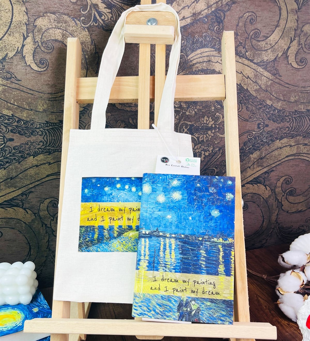 Ren Nehri'nde Yıldızlı Bir Gece Kalın Kitap Görünümlü Defter Ve Bez Çanta SetgiftmodaGmhs101813