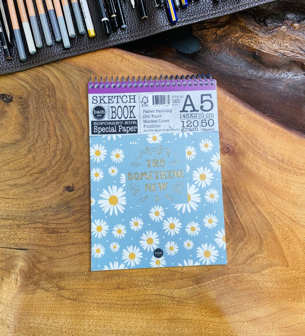 A5 Skecth Book - Eskiz Defteri - Spiralli Tutuş / Grenli Sert Tasarım KapakgiftmodaGmd100281-Mavi-Papatya