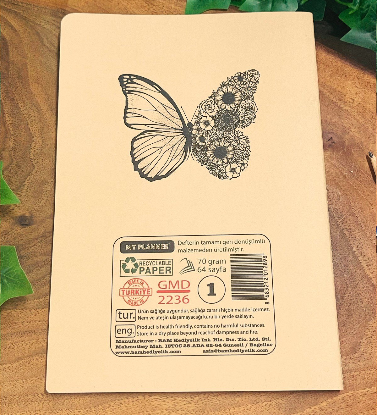 Kelebek Tasarımlı Geri Dönüşümlü Kraft DeftergiftmodaGmd100371