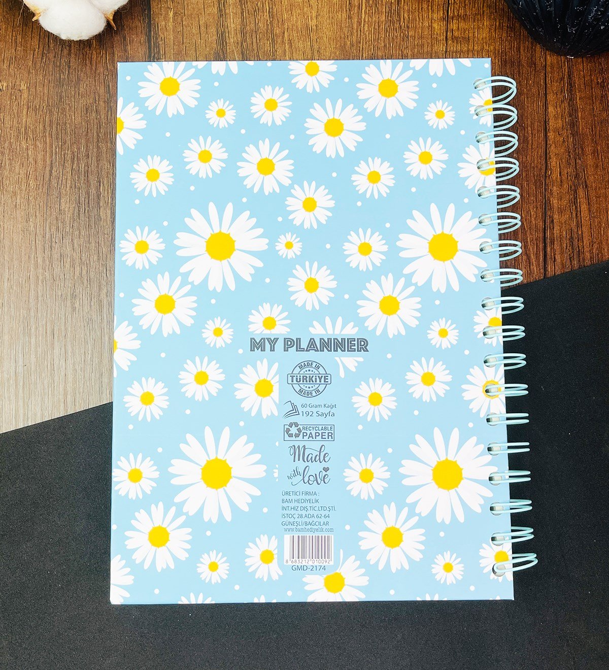 Mavi Papatya Tasarımlı Çizgili Spiralli DeftergiftmodaGmd100259