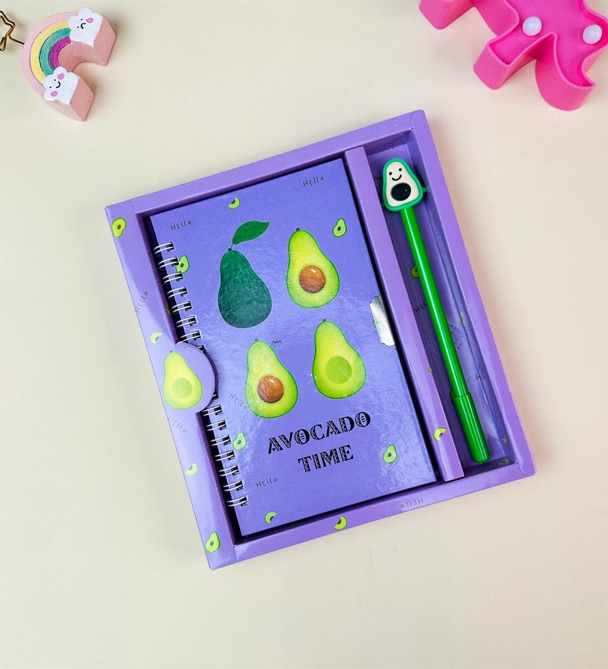 Avokado Tasarımlı Kilitli Günlük Defter Ve Kalem SetgiftmodaBam-108