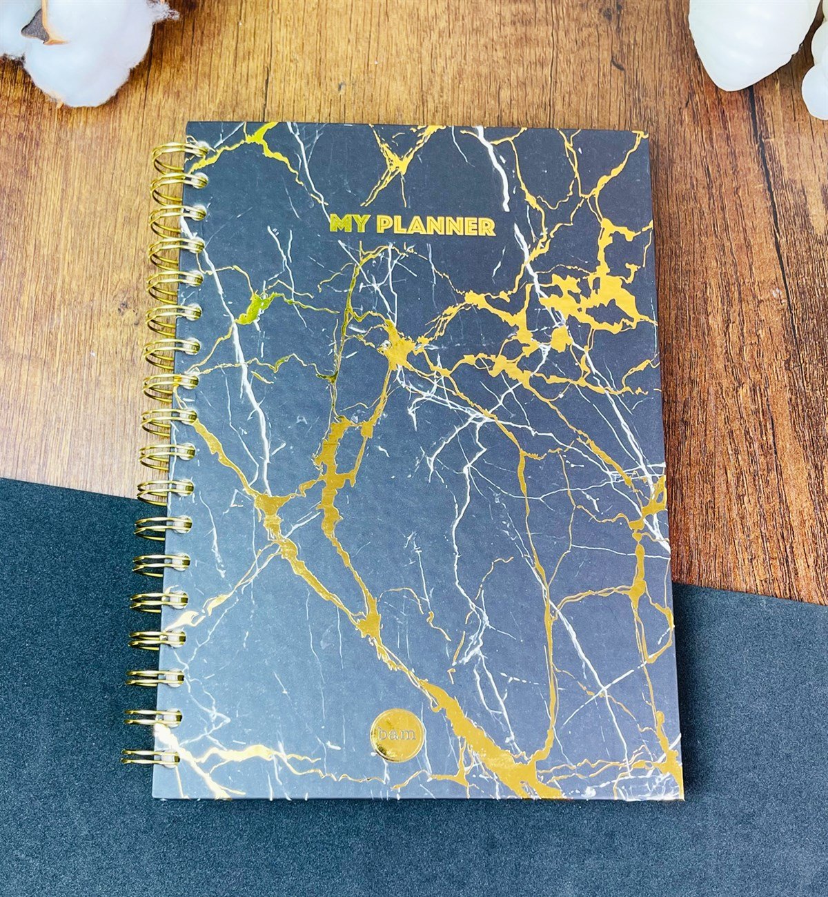 Altın Yaldızlı Siyah Mermer Tasarımlı Spiralli DeftergiftmodaGmd100191