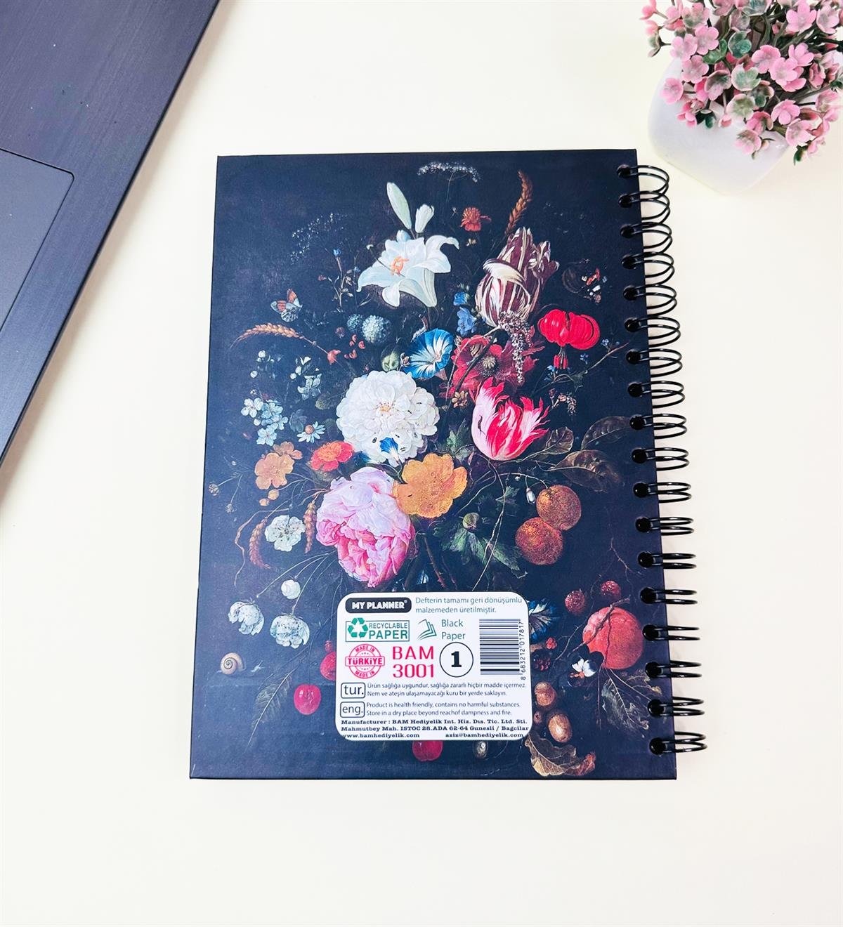 23x16Cm Üstten Spiralli Sketch Book - Eskiz Defteri - Siyah Sayfa - 120 Gr - 64 YaprakgiftmodaBam-3001-Çiçek-Art