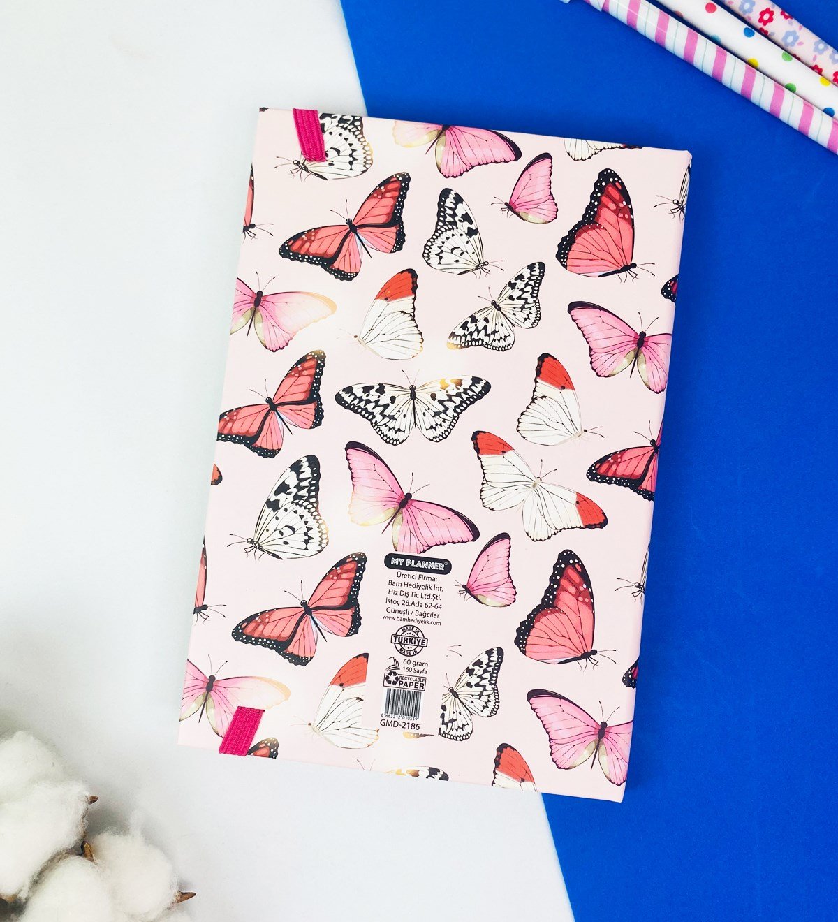 Pembe Kelebek Tasarımlı Lastikli DeftergiftmodaGmd100170