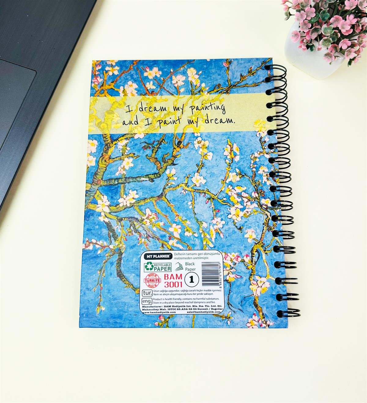 23x16Cm Üstten Spiralli Sketch Book - Eskiz Defteri - Siyah Sayfa - 120 Gr - 64 YaprakgiftmodaBam-3001-2-Badem-Çiçeği