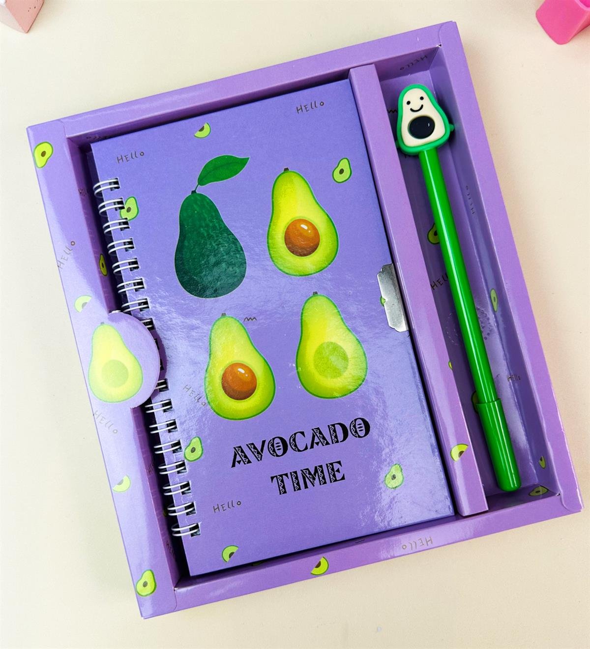 Avokado Tasarımlı Kilitli Günlük Defter Ve Kalem SetgiftmodaBam-108