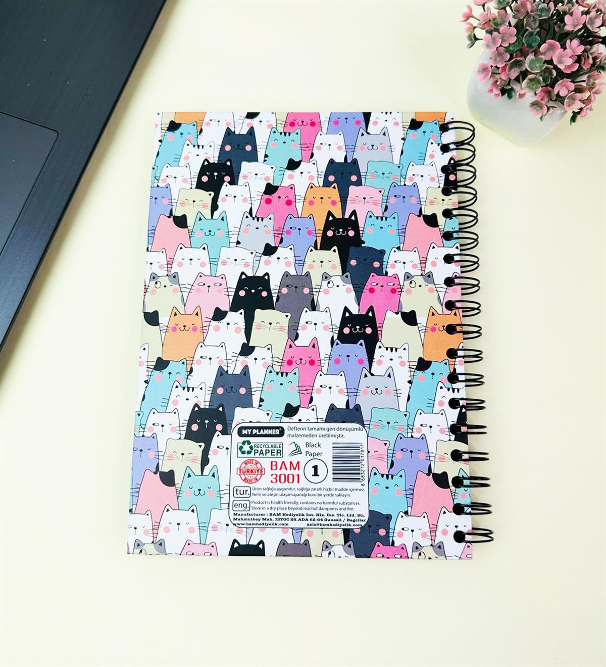 23x16Cm Üstten Spiralli Sketch Book - Eskiz Defteri - Siyah Sayfa - 120 Gr - 64 YaprakgiftmodaBam-3001-Sevimli-Kedi