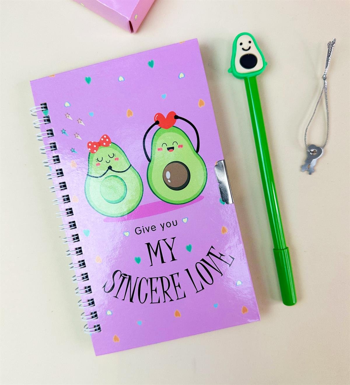 Avokado Tasarımlı Kilitli Günlük Defter Ve Kalem SetgiftmodaBam-108