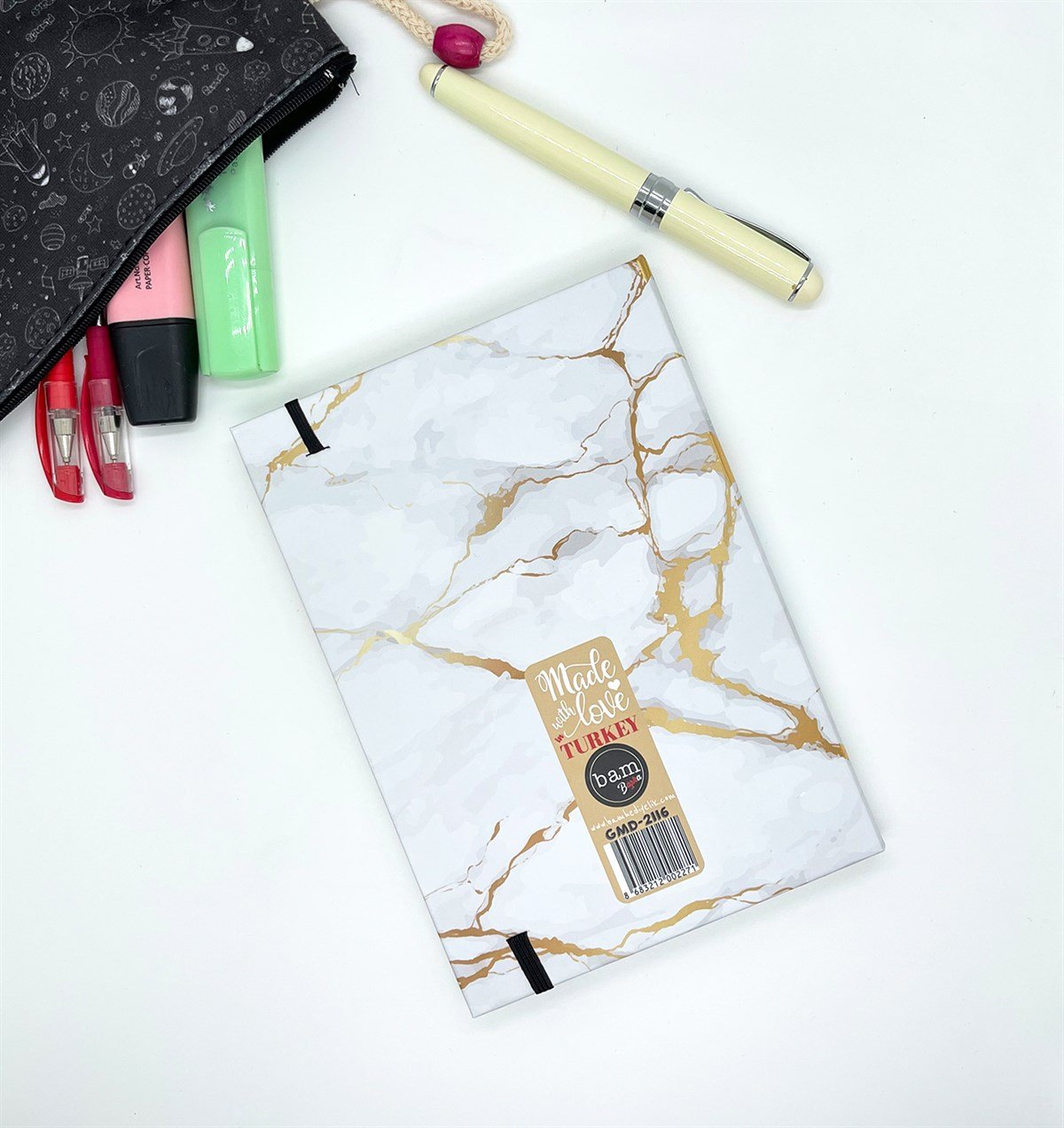 Altın Yaldızlı Beyaz Mermer Tasarımlı Lastikli DeftergiftmodaGmd100091